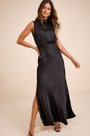 Black Satin Dress - Mock Neck Maxi Dress - Sleeveless Satin Dress