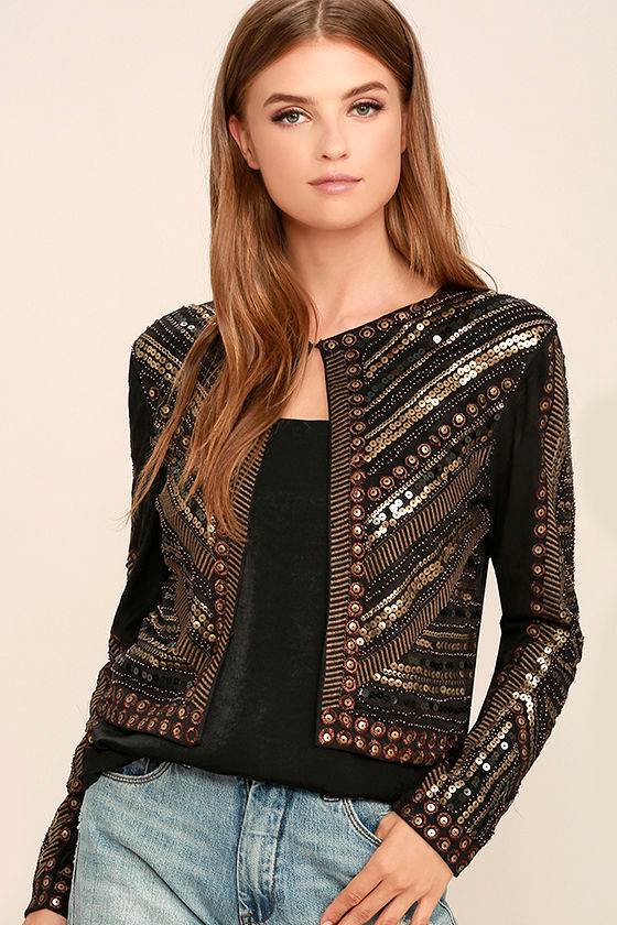 Cool Black Sequin Jacket Vegan Suede Jacket Beaded Jacket 64.00