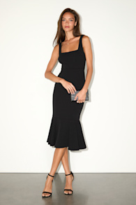 Moment Maker Black Square Neck Trumpet Midi Dress 4