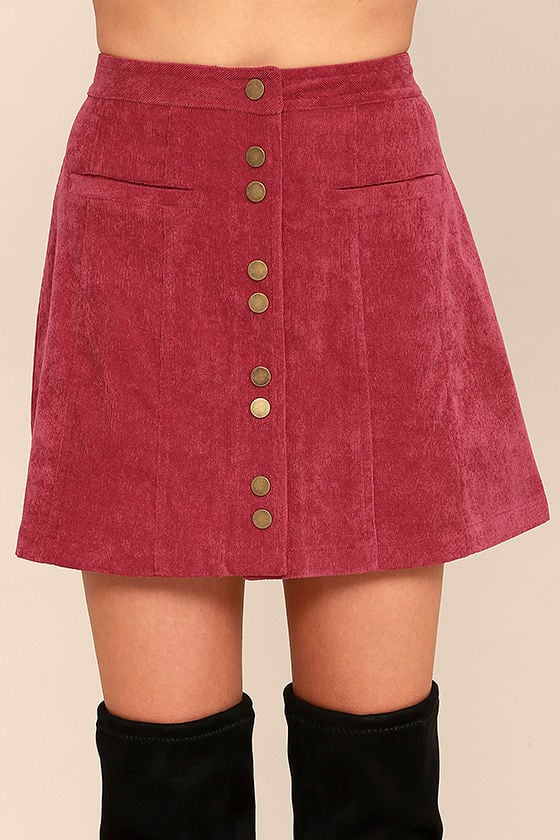 Cute Wine Red Corduroy Skirt - Button Front Mini Skirt