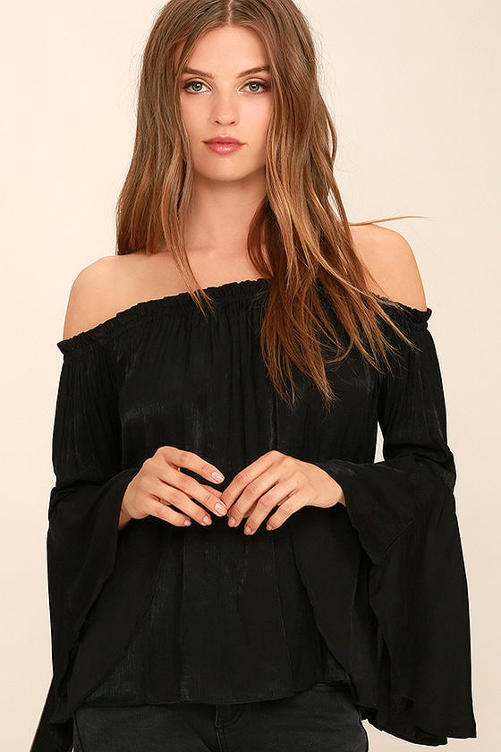 Cute Black Top - Off-the-Shoulder Top - Bell Sleeve Top - Long Sleeve ...