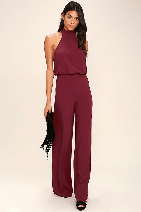 Chic Wine Red Jumpsuit - Red Halter Jumpsuit - Wide Leg Jumpsuit - $68.00