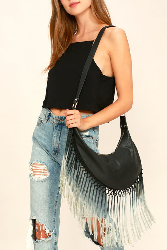 black fringe crossbody purse