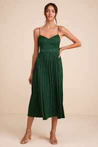 Regal Romance Emerald Floral Jacquard Pleated Satin Midi Dress 2