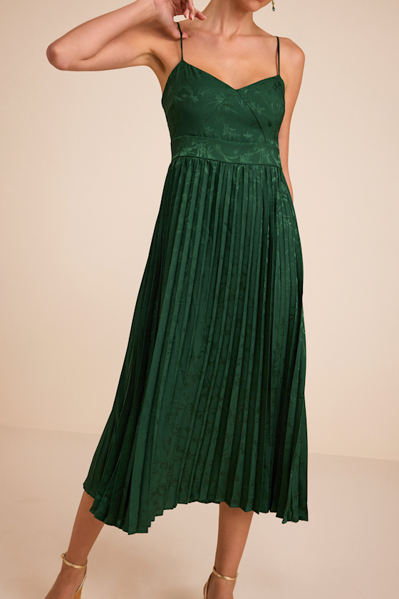 Regal Romance Emerald Floral Jacquard Pleated Satin Midi Dress 3