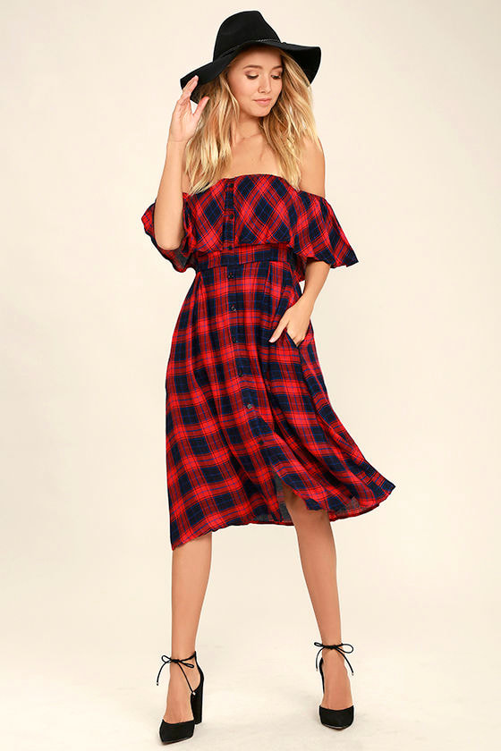 off shoulder plaid dress