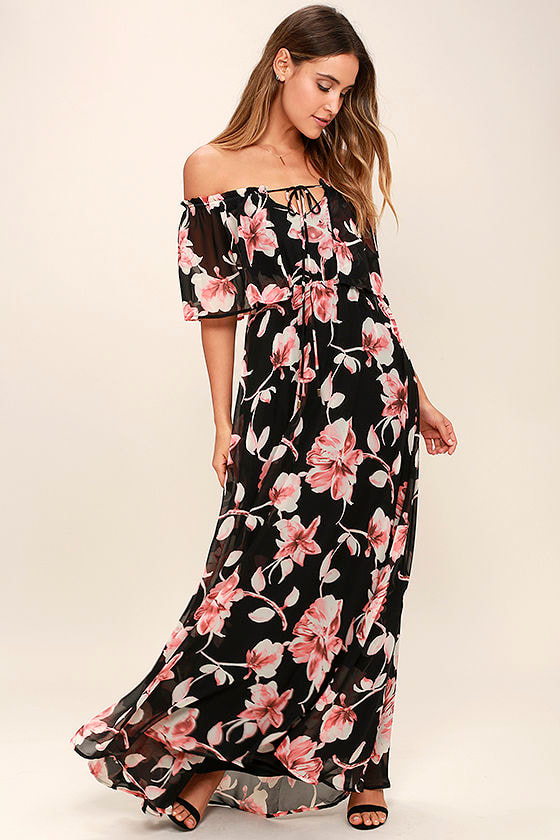 black floral off the shoulder maxi dress