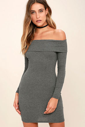 Sexy Dark Grey Dress - Bodycon Dress - Off-the-Shoulder Dress - Bodycon  Dress - $39.00 - Lulus