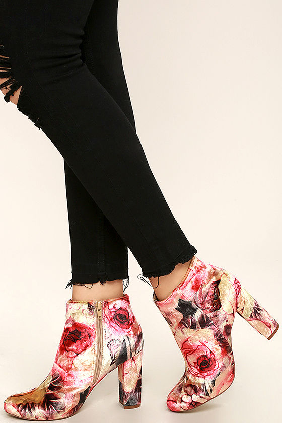 Rose Ceremony Beige Floral Velvet High Heel Booties 2