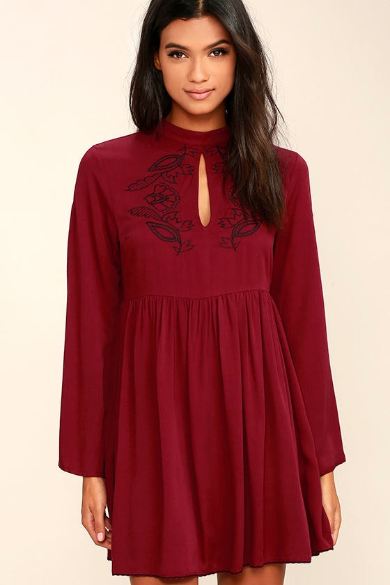 Mink Pink Valley of the Vine Wine Red Embroidered Dress 1