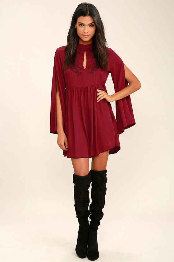 Mink Pink Valley of the Vine Wine Red Embroidered Dress 2
