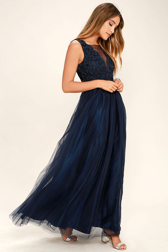 Navy Blue Gown - Tulle Dress - Maxi Dress - Embroidered Dress - $98.00 ...
