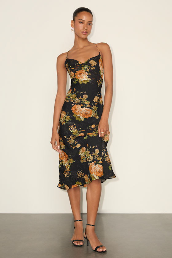 Petal Prowess Black Floral Print Lace-Up Cowl Midi Dress 1