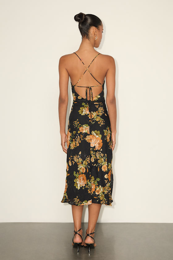Petal Prowess Black Floral Print Lace-Up Cowl Midi Dress 2
