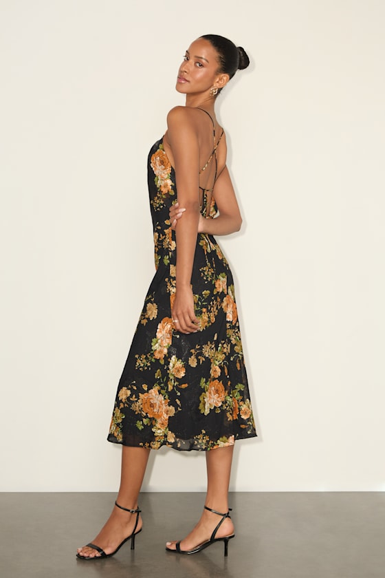 Black Floral Print Dress - Lace-Up Cowl Dress - Sexy Midi