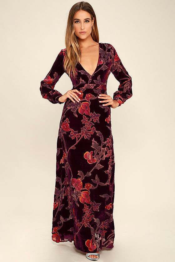 Burgundy Velvet Maxi Dress - Long Sleeve Maxi - Floral Burnout Velvet ...