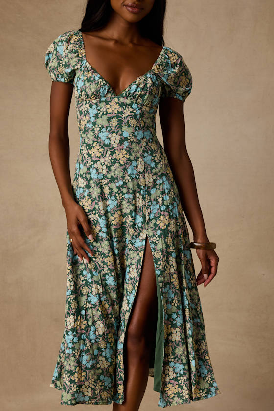 Meadow Muse Green Floral Tie-Back Puff Sleeve Midi Dress 3