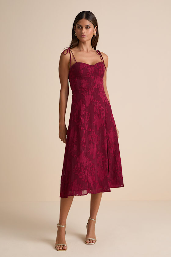 Loveliest Looks Burgundy Floral Jacquard Tie-Strap Midi Dress 2