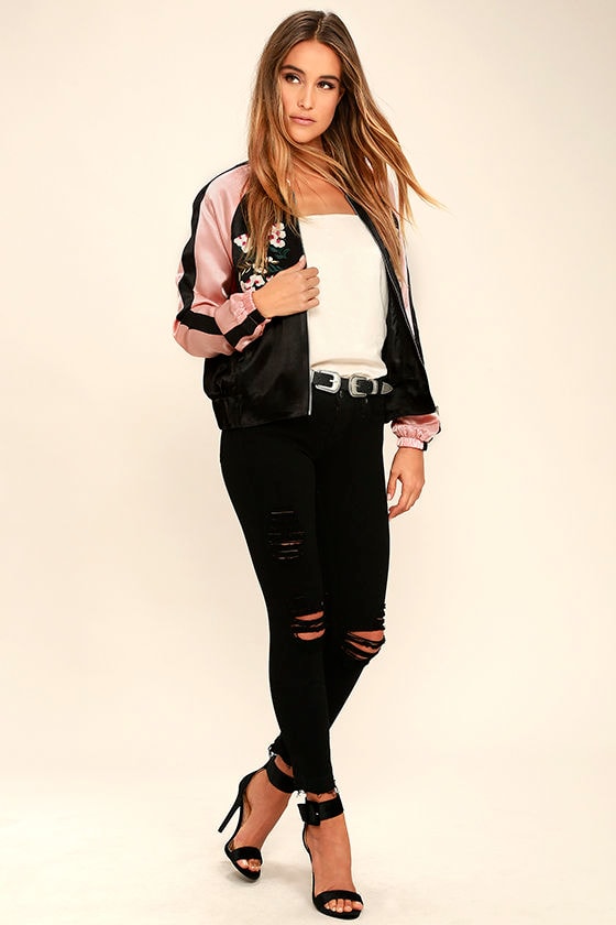 Chic Pink and Black Jacket - Bomber Jacket - Satin Jacket