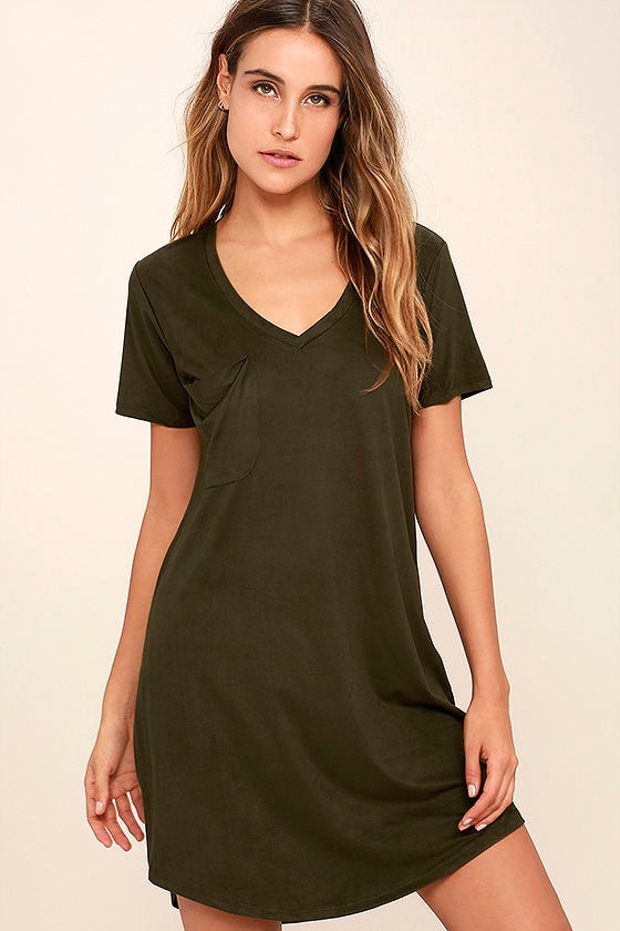 Modern Design Olive Green Suede Shirt Dress