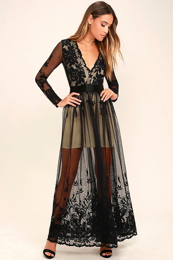 Sexy Black Dress - Maxi Dress - Embroidered Dress - Long Sleeve Dress ...