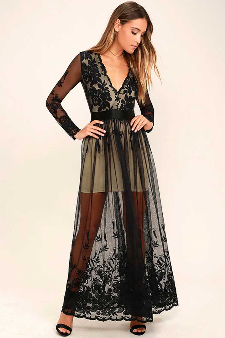 black embroidered floral long sleeve sheer mesh maxi dress Aliza Black Floral Embellished Maxi Dress – Frock and Frill main image 1