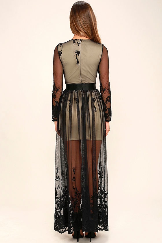 Sexy Black Dress - Maxi Dress - Embroidered Dress - Long Sleeve Dress