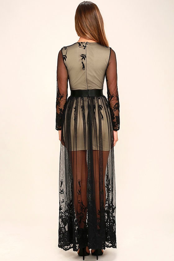 18054 Black Low Back Sheer Sleeve Embroidered Dress