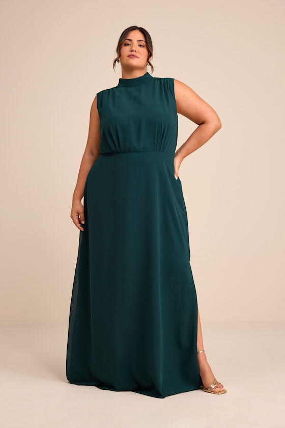Classic Elegance Emerald Chiffon Sleeveless Mock Neck Maxi Dress - thumbnail 6