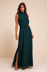 Classic Elegance Emerald Chiffon Sleeveless Mock Neck Maxi Dress 2