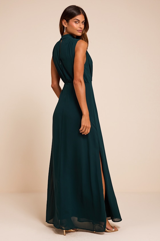 Classic Elegance Emerald Chiffon Sleeveless Mock Neck Maxi Dress - thumbnail 3