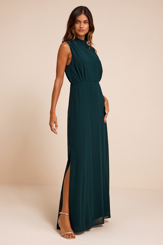 Classic Elegance Emerald Chiffon Sleeveless Mock Neck Maxi Dress - thumbnail 4