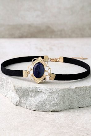 Chic Blue and Black Choker Vegan Suede Choker Lulus