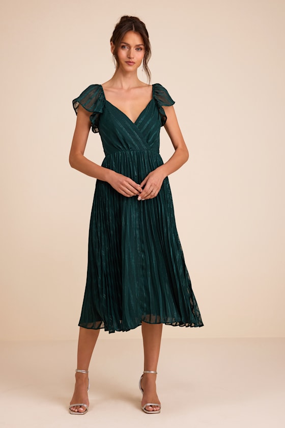 Standout Sophistication Emerald Lurex Flutter Sleeve Midi Dress 2