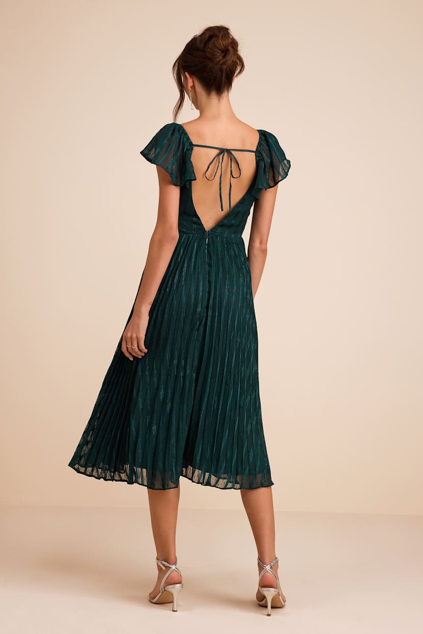 emerald green long sleeve pleated midi dress Emerald Green Pleated Midi Dress