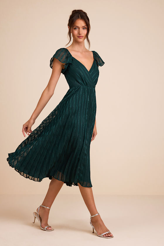 Standout Sophistication Emerald Lurex Flutter Sleeve Midi Dress - thumbnail 4