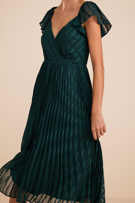 Standout Sophistication Emerald Lurex Flutter Sleeve Midi Dress - thumbnail 5