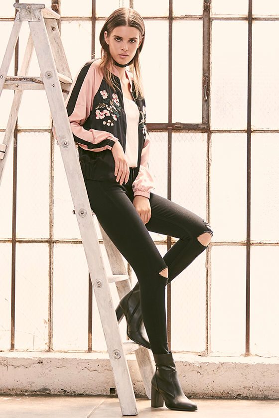 Girl Squad Pink and Black Embroidered Satin Bomber Jacket 2