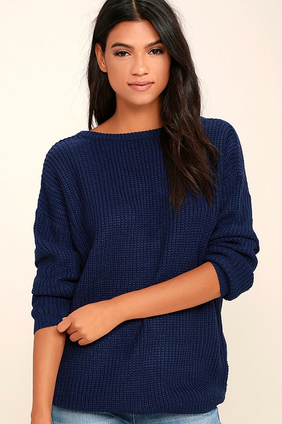Navy Blue Sweater Knit Top Backless Sweater Oversized Sweater