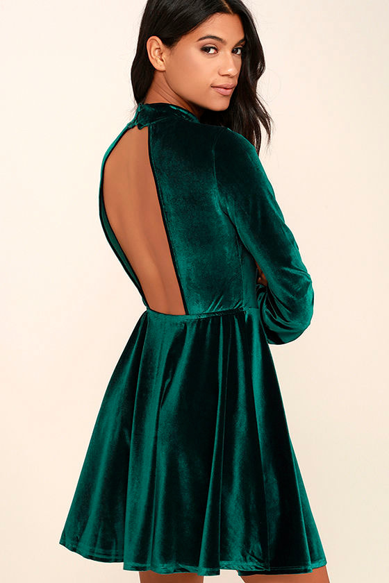 Embrace the Present Forest Green Velvet Skater Dress