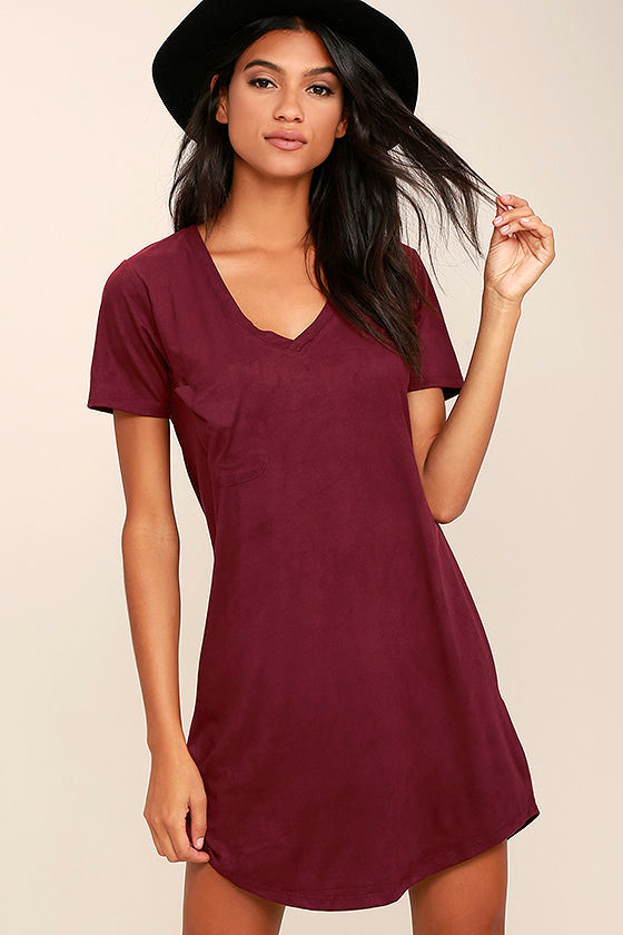 Modern Design Burgundy Suede Shirt Dress 1