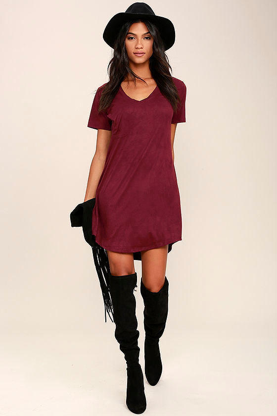 Modern Design Burgundy Suede Shirt Dress 2