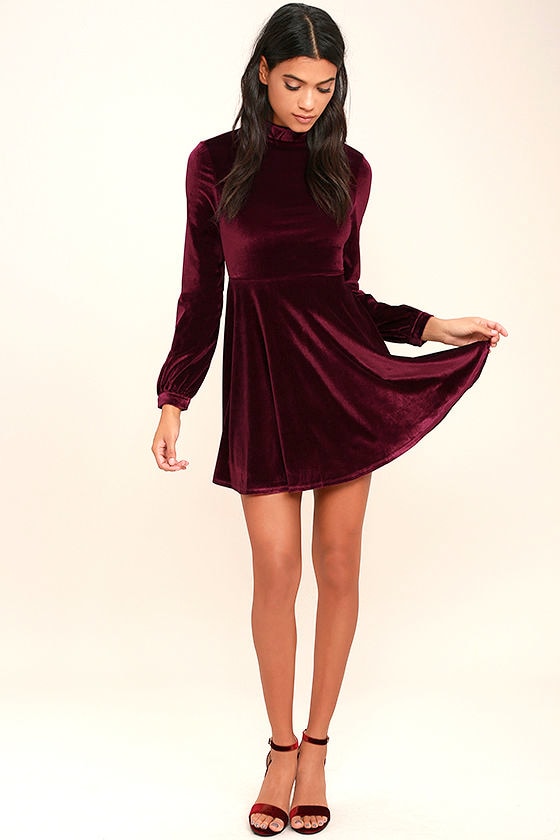 Embrace the Present Burgundy Velvet Skater Dress