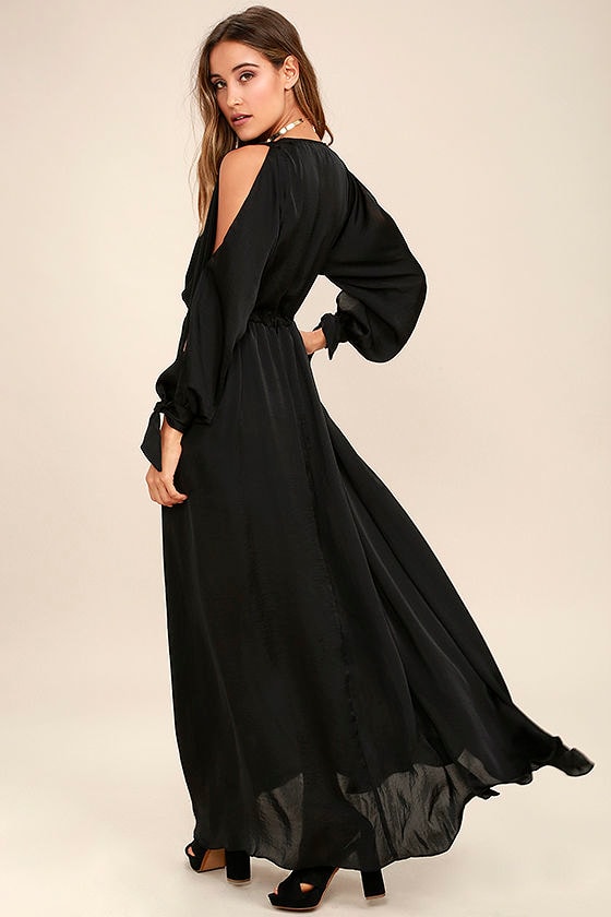 Chic Black Dress - Maxi Dress - Satin Dress - Cold Shoulder Dress - $94.00