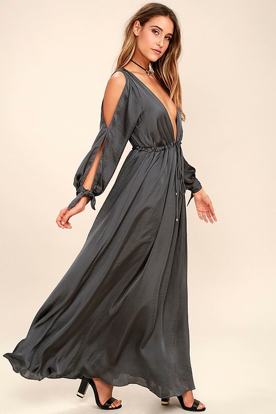 Owning It Charcoal Grey Satin Maxi Dress 1