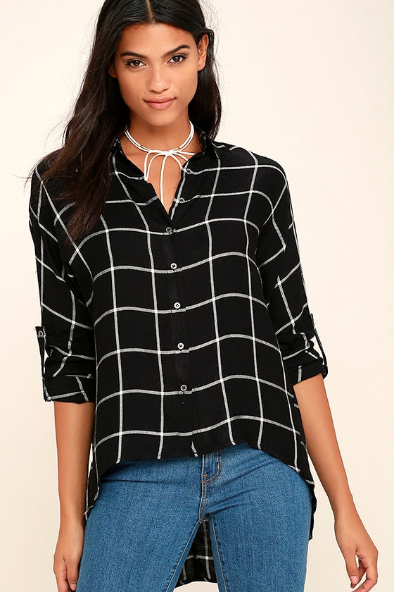 Chic White and Black Top - Grid Print Top - Button-Up Top - Collared ...