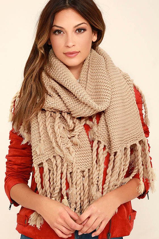 Cute Beige Scarf Knit Scarf Fringe Scarf Wide Scarf 24.00 Lulus