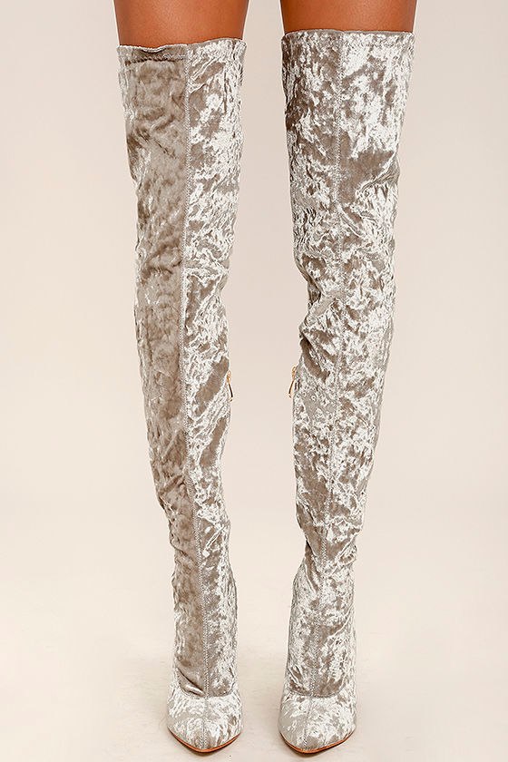 Julia Grey Velvet Thigh High Boots 2