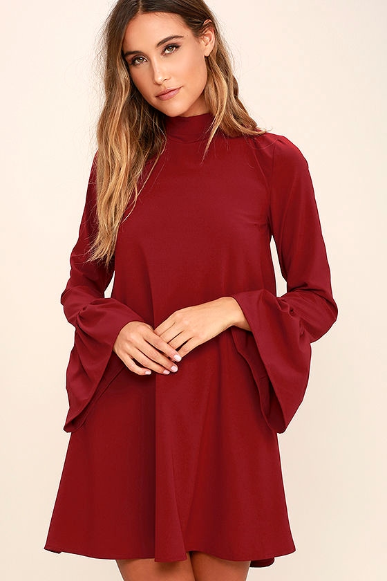 red long sleeve shift dress
