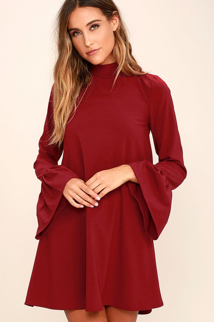 slim fit dress slacks Women's Say You Will Long Flare Sleeve Front Tie Mini Dress in Burgundy